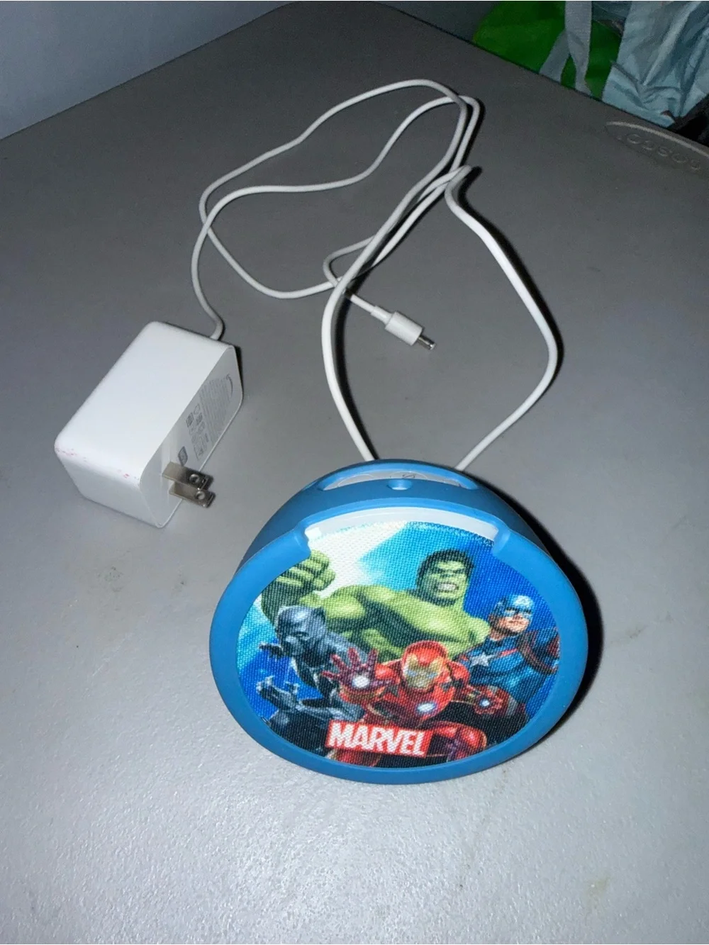 Marvel Round Wireless Speaker with Blue Trim and Superhero Graphic